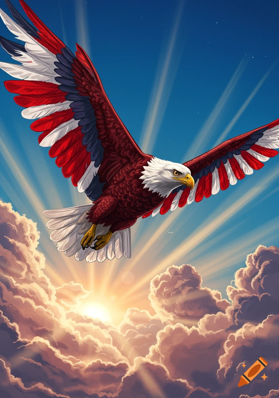 Stylized bald eagle with red, white, and blue feathers flies against a bright, cloudy sky.