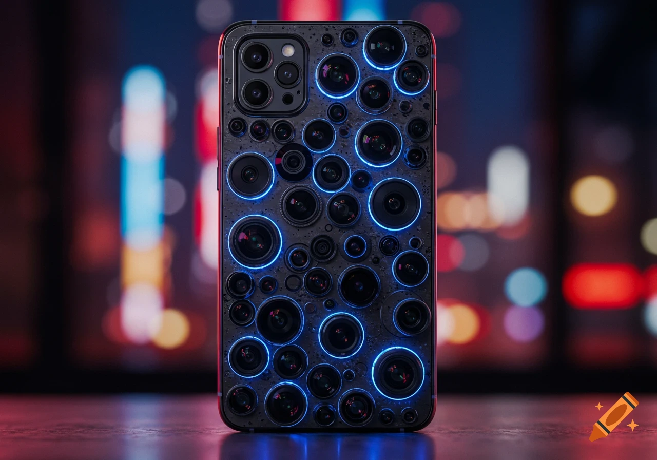 A photorealistic image of a smartphone with its entire back covered in dozens of glowing blue camera lenses, set against a blurred city lights background.