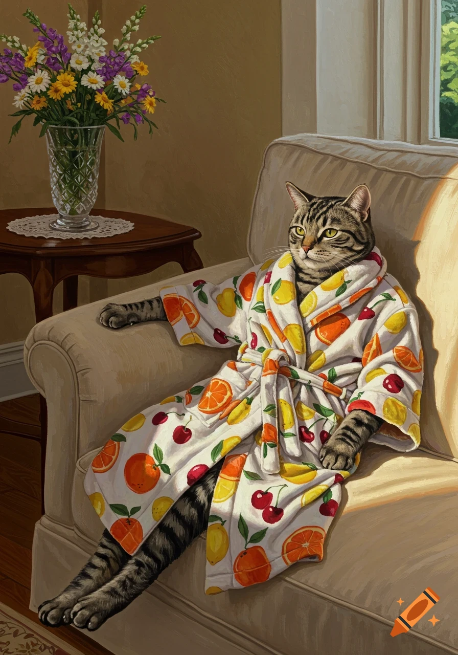 A tabby cat lounges on a cream armchair, wearing a white bathrobe patterned with oranges, lemons, and cherries. Sunlight streams from a window.