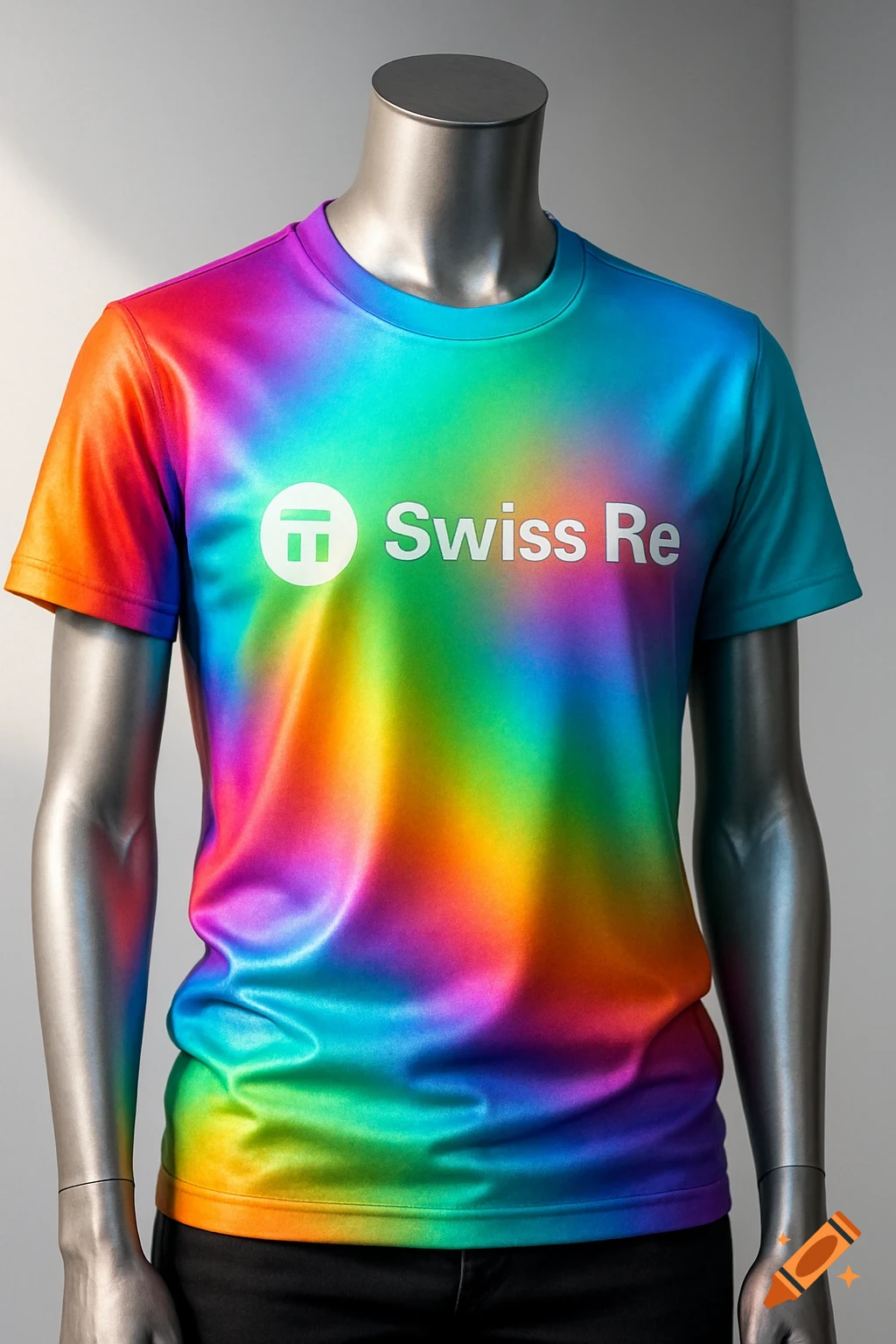 A metallic mannequin wears a vibrant rainbow tie-dye t-shirt with the white 'Swiss Re' logo and emblem on the chest.