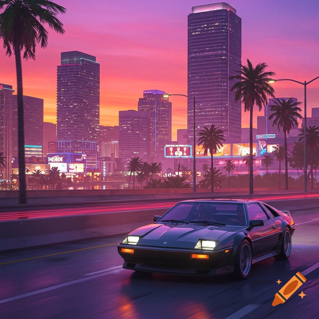 A dark retro sports car drives on a highway against a vibrant synthwave city sunset with palm trees and neon signs.