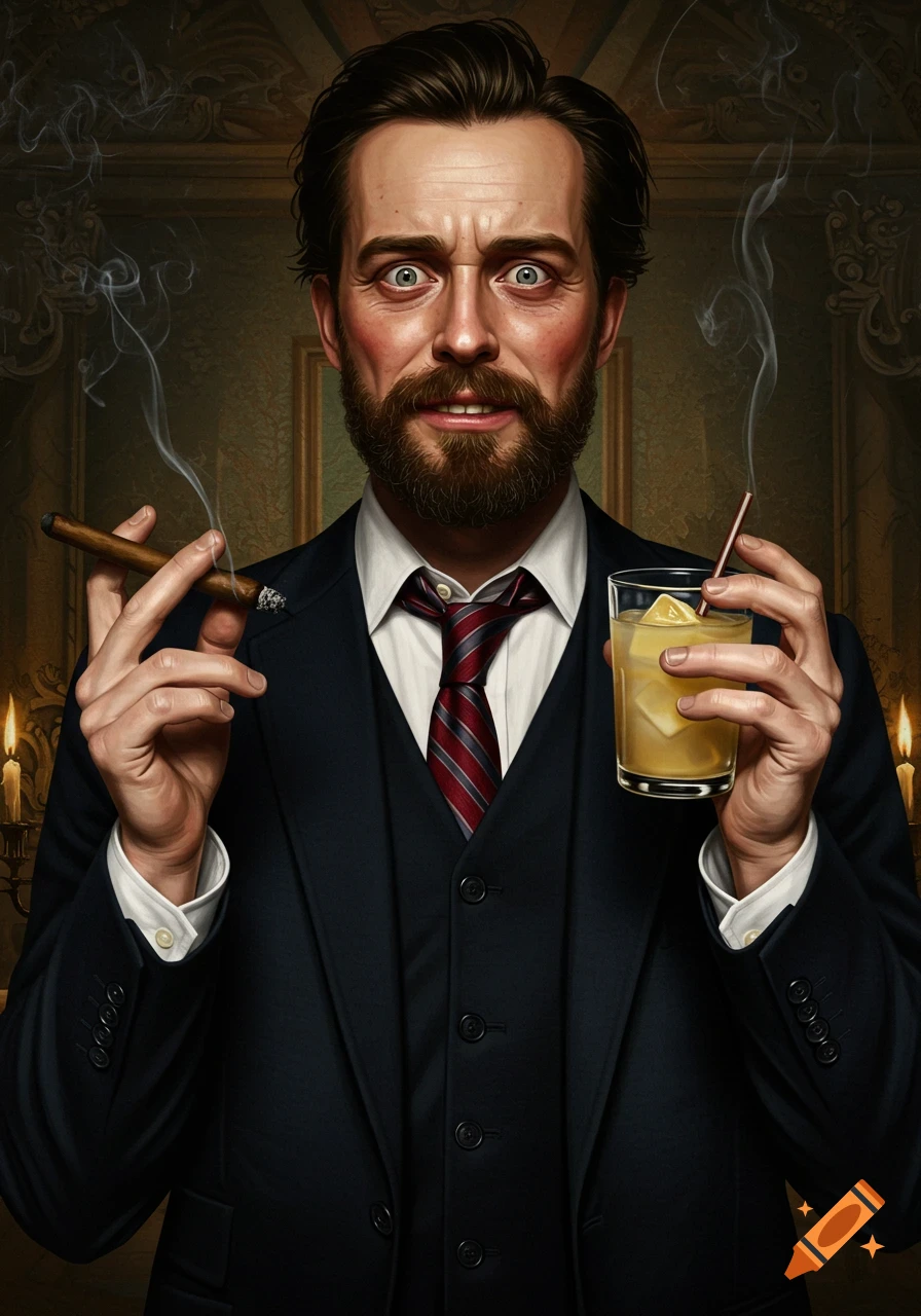 A hyperrealistic portrait of a disgruntled, manic-eyed man with a beard, in a suit, holding a smoking cigar and a drink.