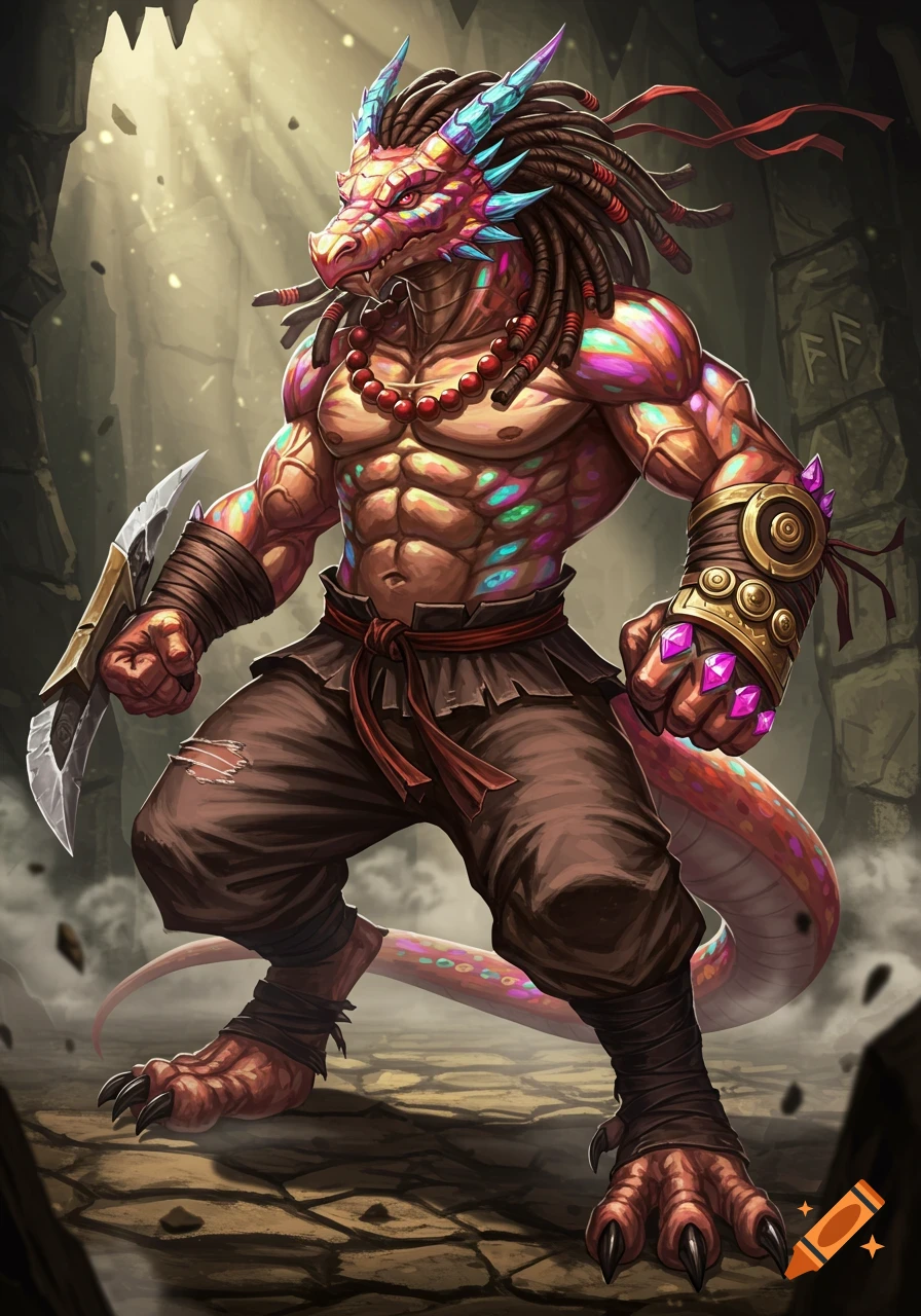 A muscular, multicolored gem dragon character with dreadlocks and gauntlets, in a martial arts pose within a cave.