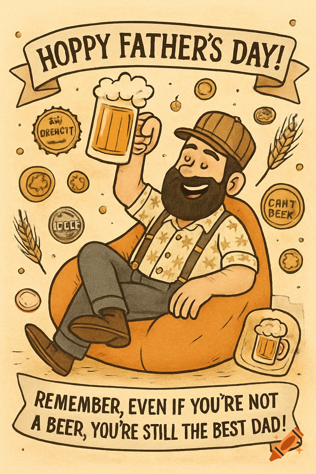 Cartoon illustration for Father's Day featuring a bearded man in a baseball cap and suspenders, relaxing with a foamy mug of beer. Text says "HOPPY FATHER'S DAY!" and a dad joke about not being a beer.
