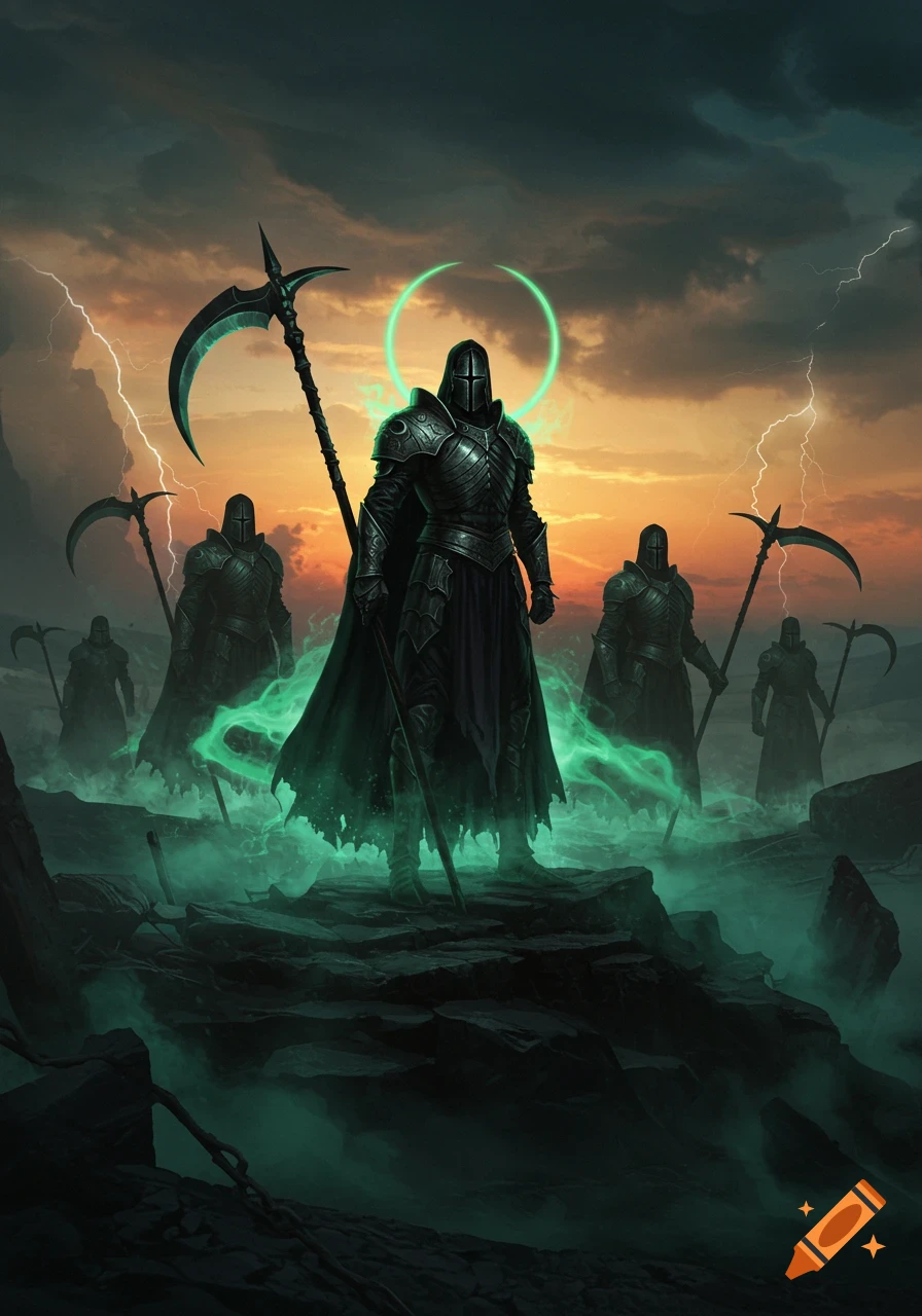 Armored phantom knights with scythes stand on rocky terrain with green glowing mist and lightning in a stormy sunset sky.
