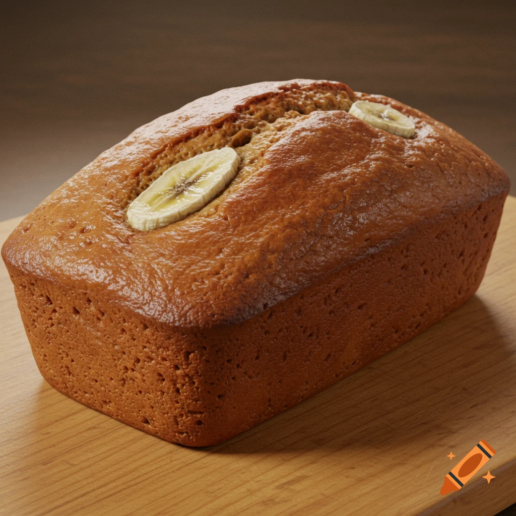 Photorealistic loaf of banana bread with two banana slices on top, resting on a wooden cutting board.