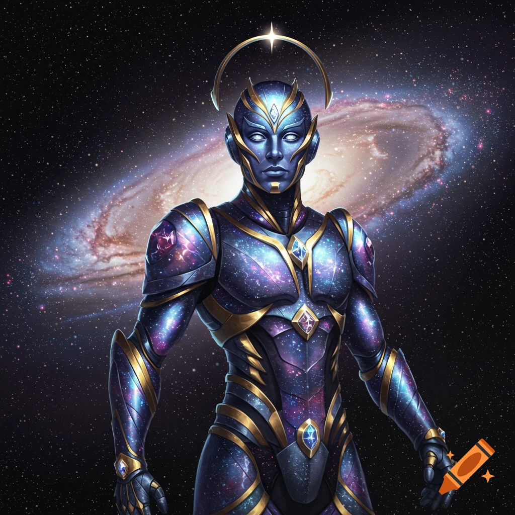 A humanoid figure in intricate blue and gold cosmic armor with glowing eyes stands before a swirling galaxy, digital art.