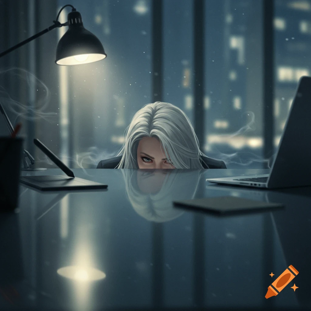 A woman with white hair peeks over a desk in a dark office with a cityscape background, digital art.
