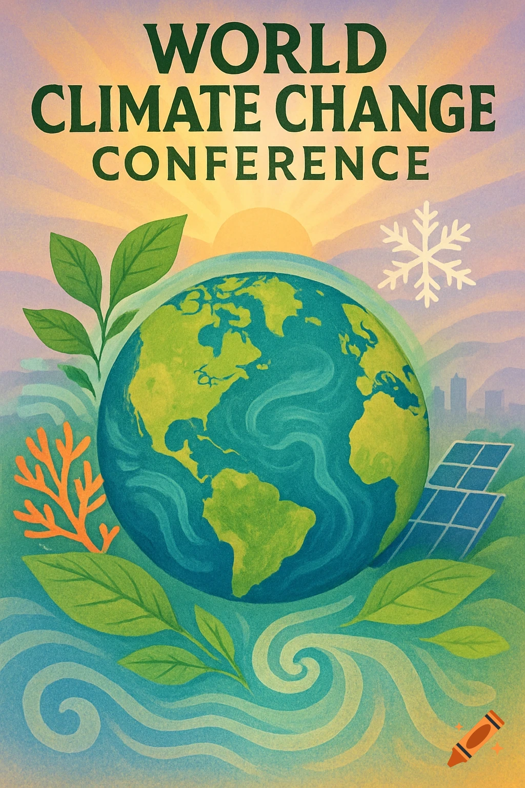 Stylized poster for a World Climate Change Conference, featuring Earth, green leaves, solar panels, a snowflake, and a sunrise.