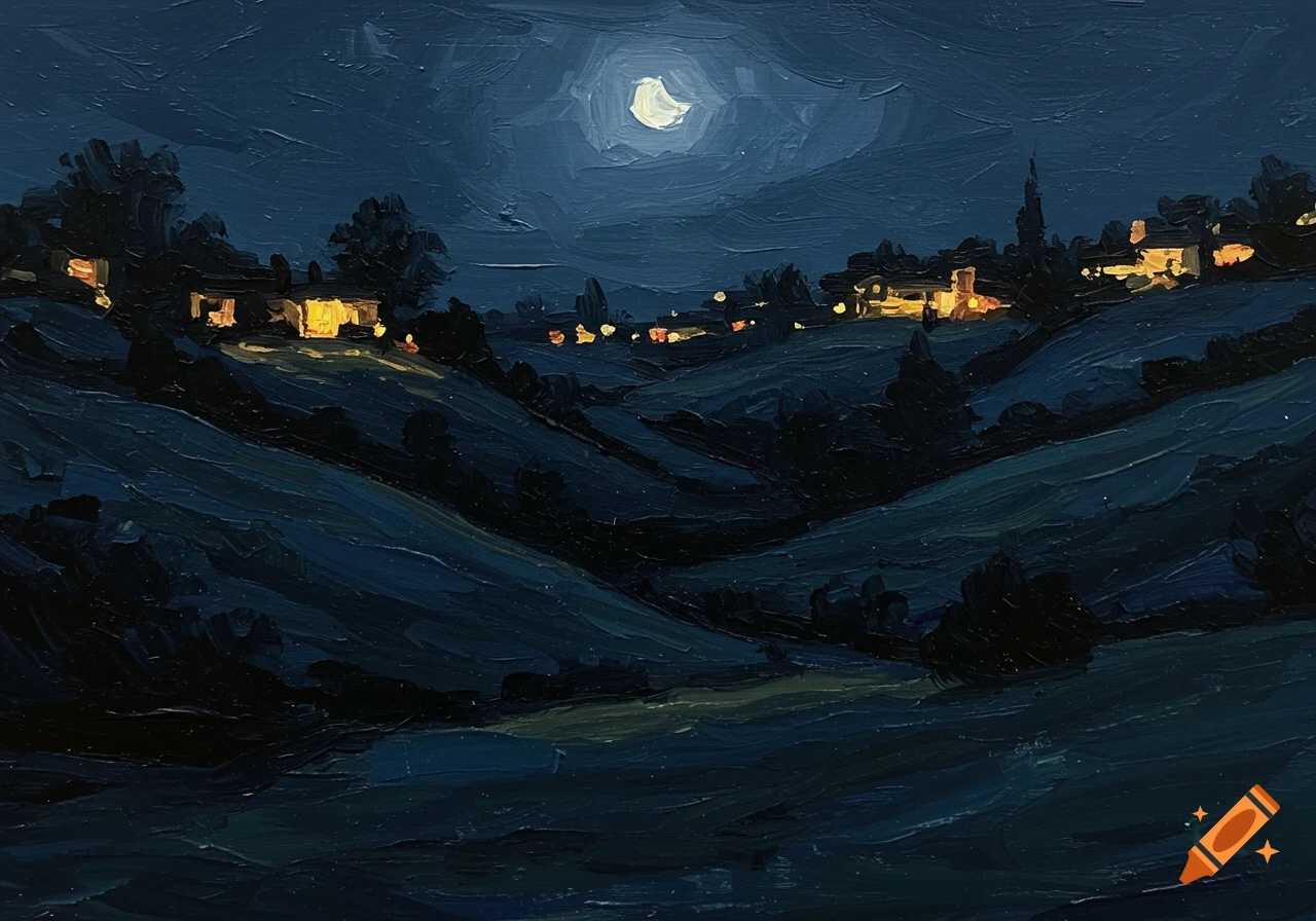 Moonlit oil painting of houses with glowing windows on dark hills in a valley at night, rendered with broad, visible brushstrokes.
