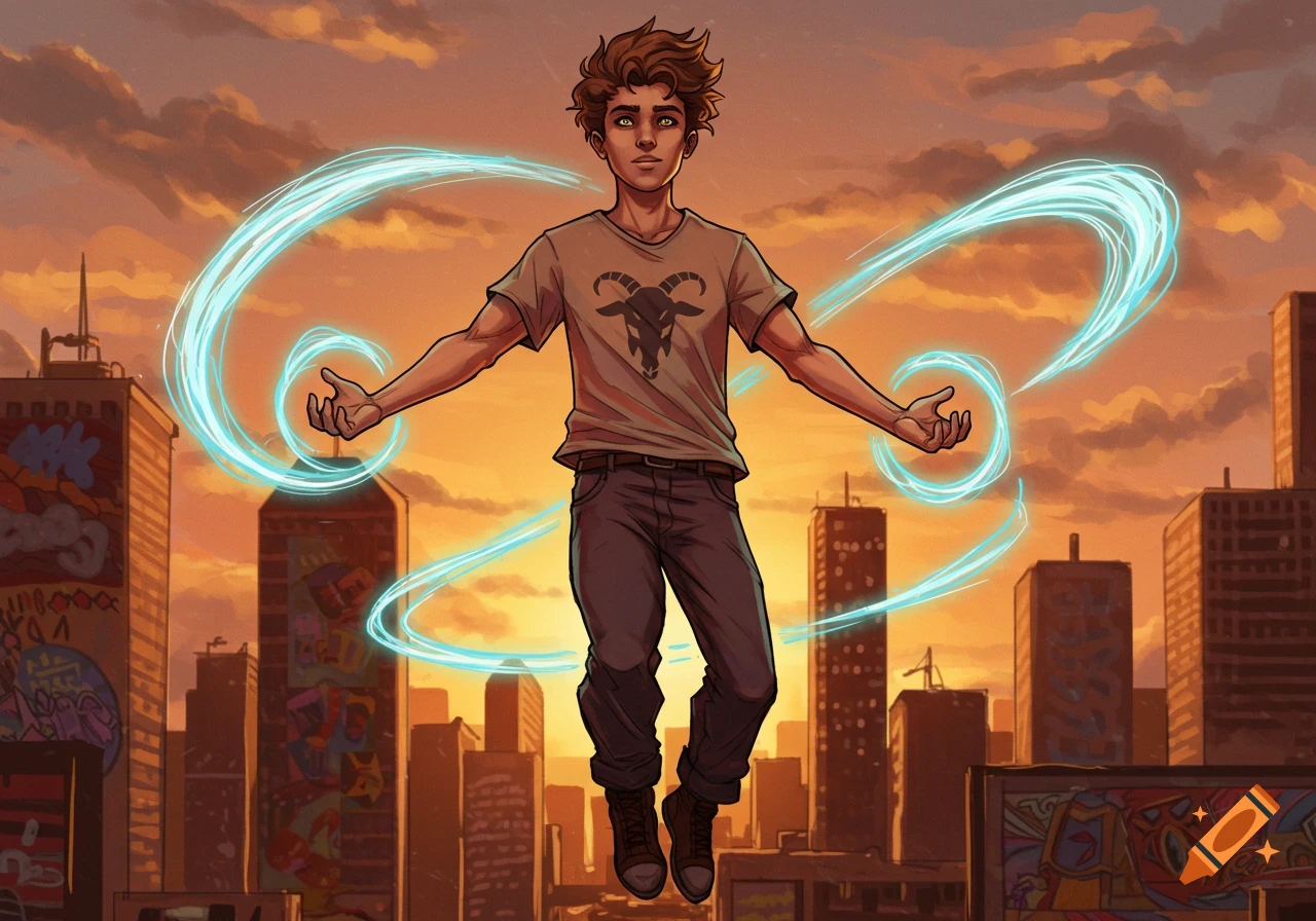 Comic illustration of a young man with powers floating above a city at sunset, glowing energy swirling from his hands.
