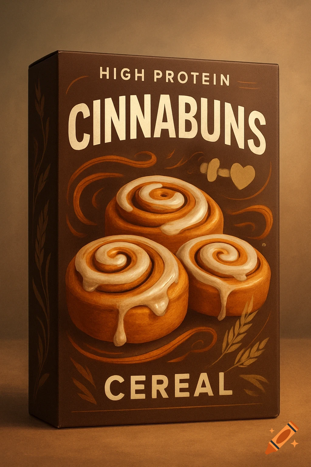 A brown cereal box labeled 'HIGH PROTEIN CINNABUNS CEREAL' with an illustration of three frosted cinnamon buns.