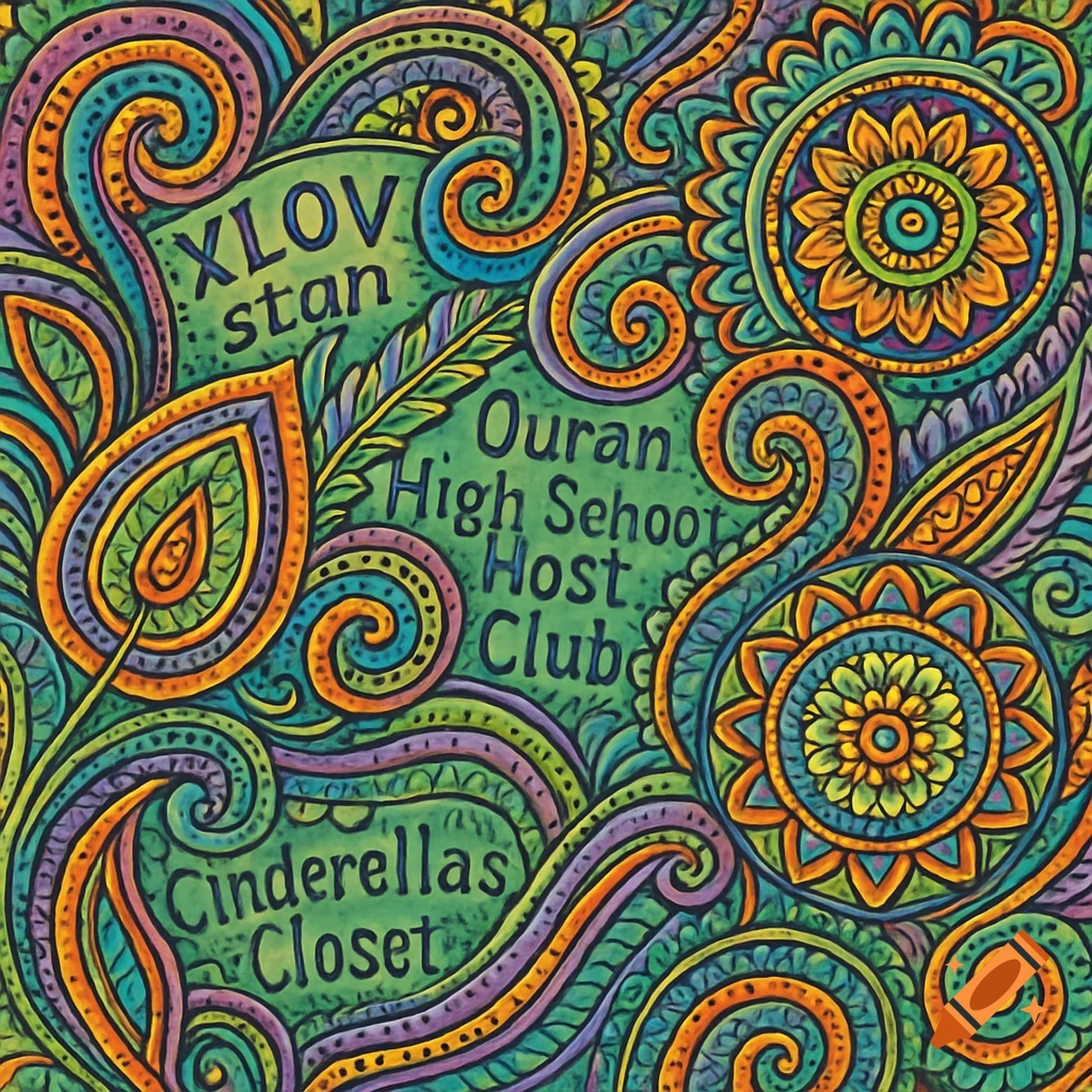 A vibrant, intricate Zentangle pattern in the style of henna art, featuring flowing swirls, paisleys, mandalas, and leaves in green, orange, purple, and blue hues.
