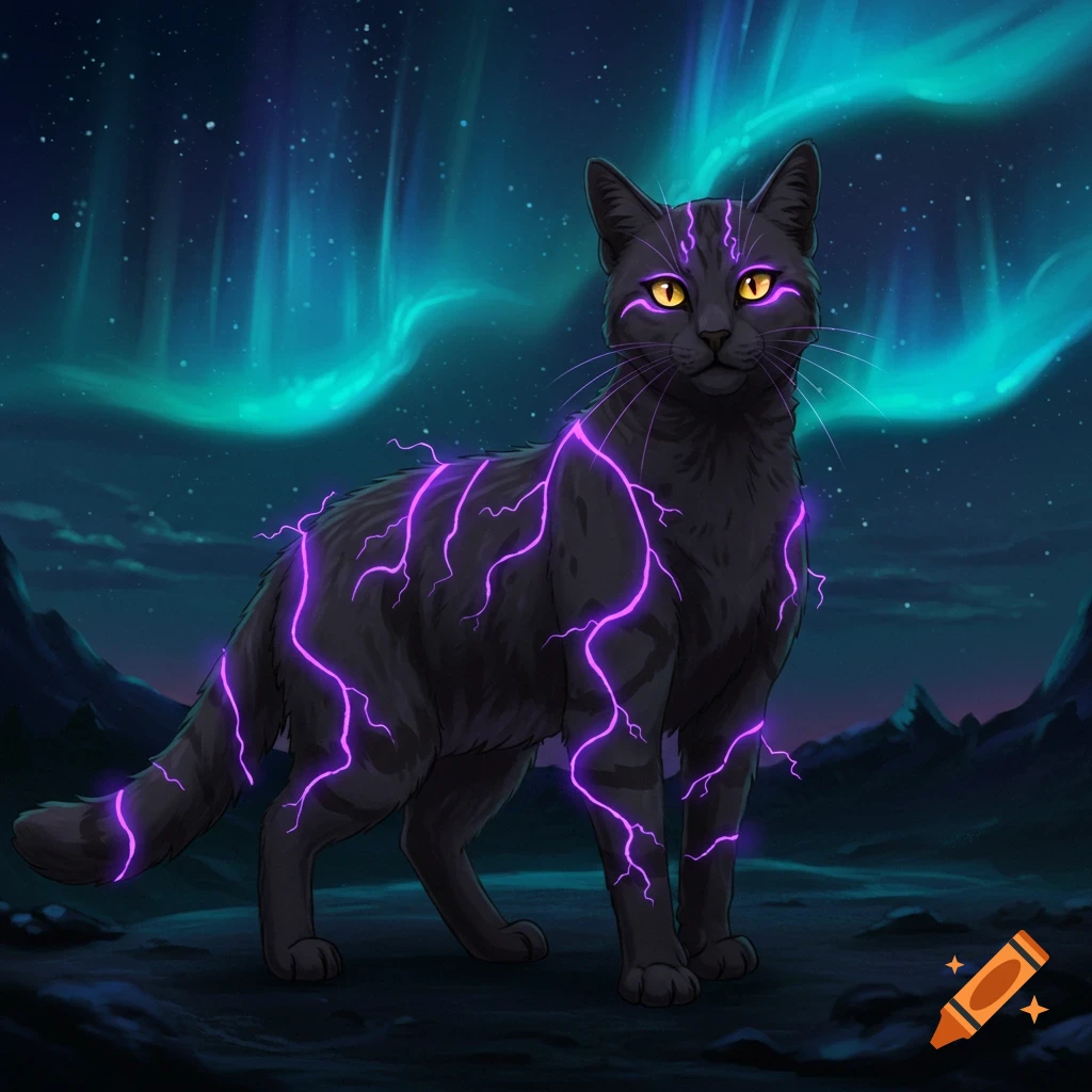 A stylized illustration of a black cat with glowing yellow eyes and purple lightning patterns under an aurora borealis night sky.