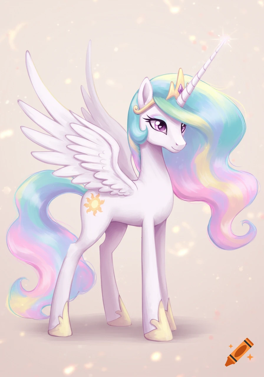 A white alicorn in My Little Pony style with a long, flowing pastel rainbow mane and tail, wearing a golden crown, standing against a light, sparkling background.