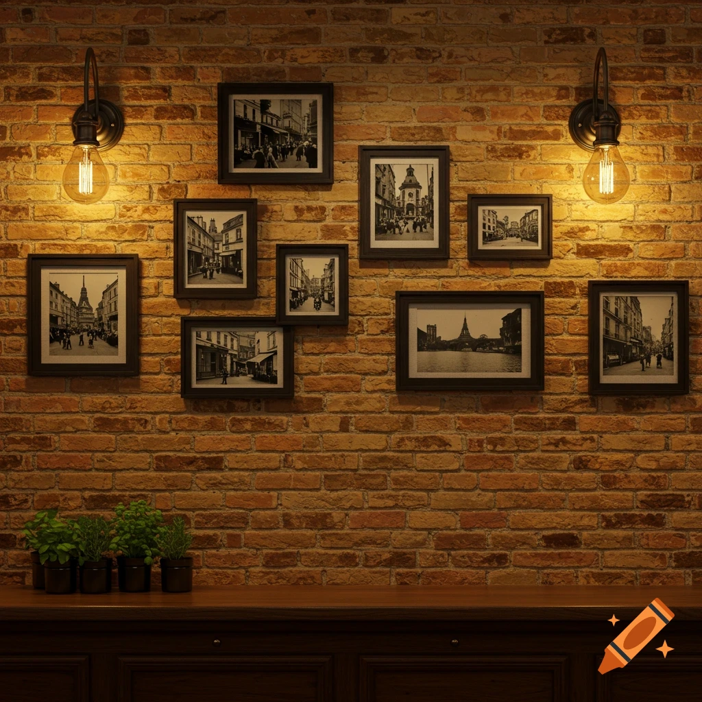 A photorealistic cafe wall with vintage black and white framed photos, Edison bulb sconces, and potted plants on a dark wooden counter.
