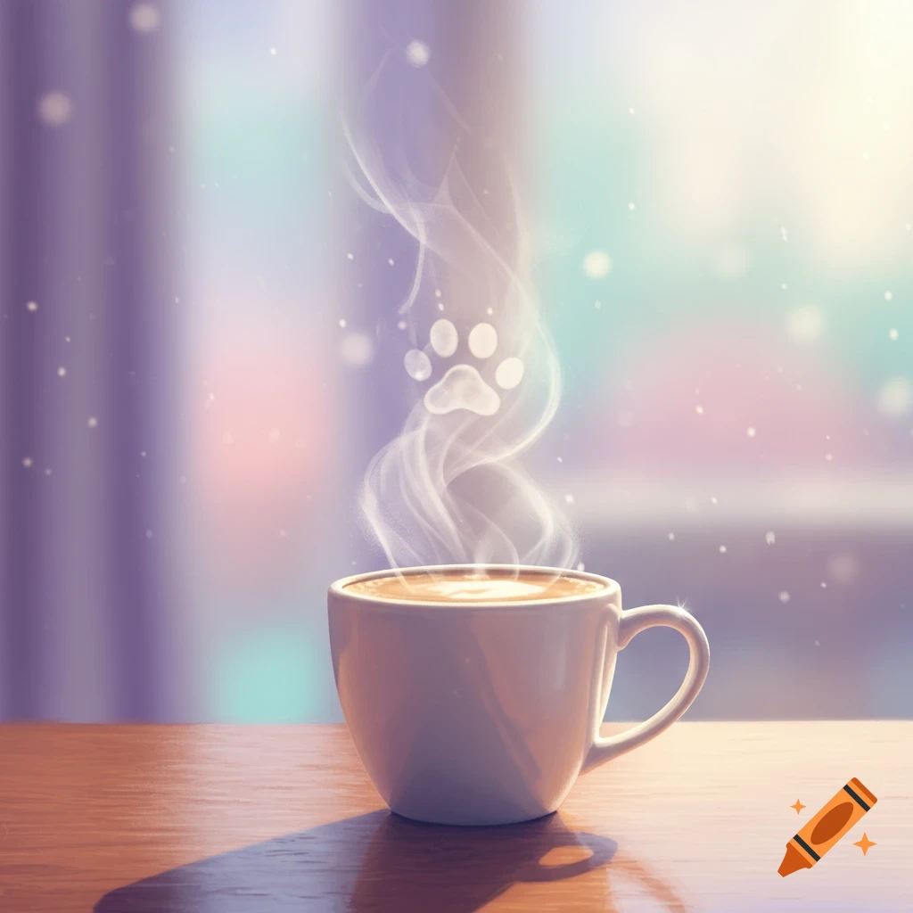 A steaming white coffee cup on a wooden table, with a paw print formed in the rising steam against a blurred pastel background.
