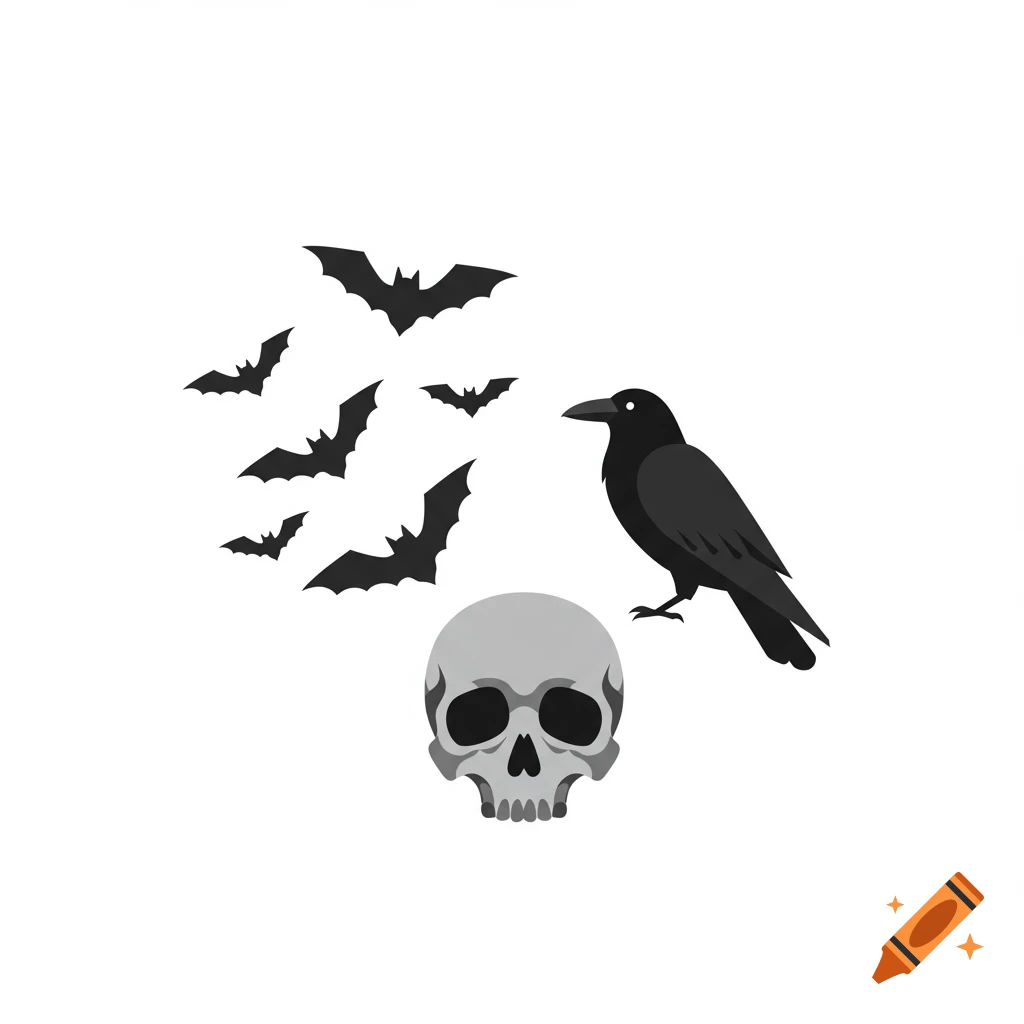 Flat illustration of a black raven, several flying bats, and a stylized grey skull on a white background.