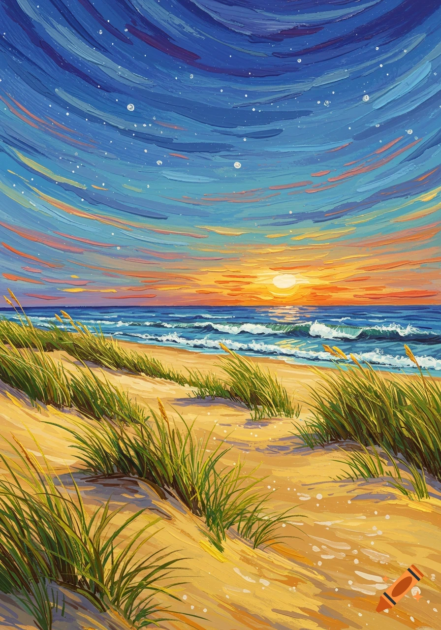 Painterly beach sunset with a vibrant sky, crashing waves, and sandy dunes with sea grass.