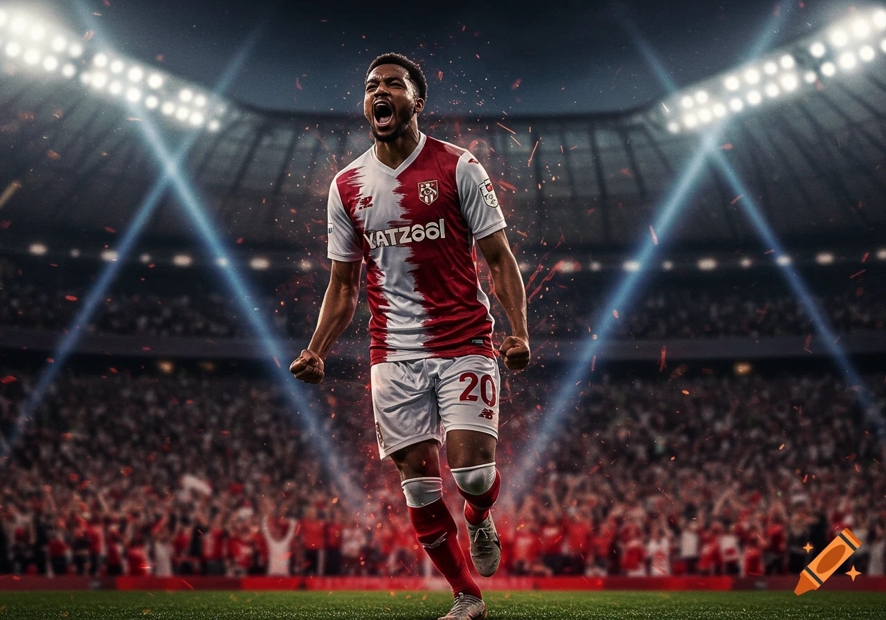 A male soccer player in a red and white jersey celebrates passionately on a green field in a brightly lit stadium with a cheering crowd.