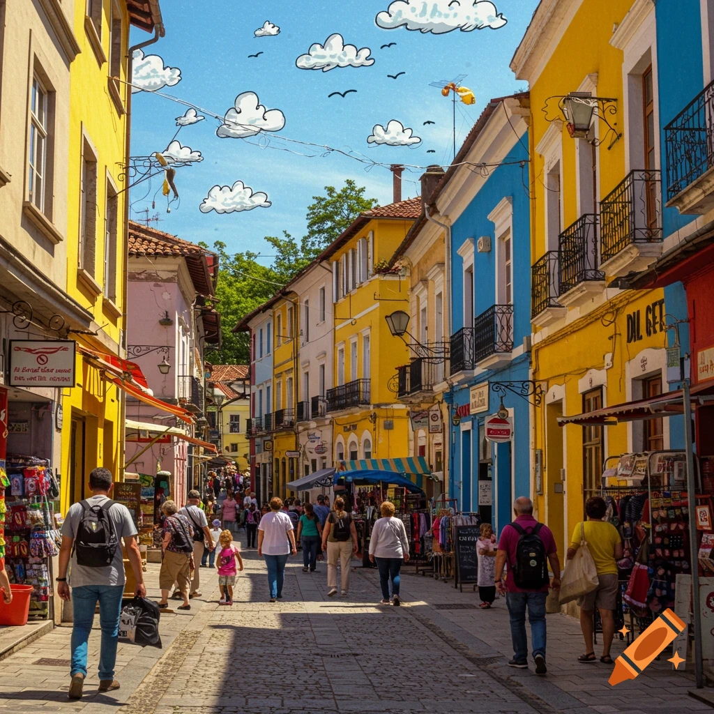 A colorful street scene with people walking between bright yellow and blue buildings, under a blue sky with cartoon-style white clouds and black birds.