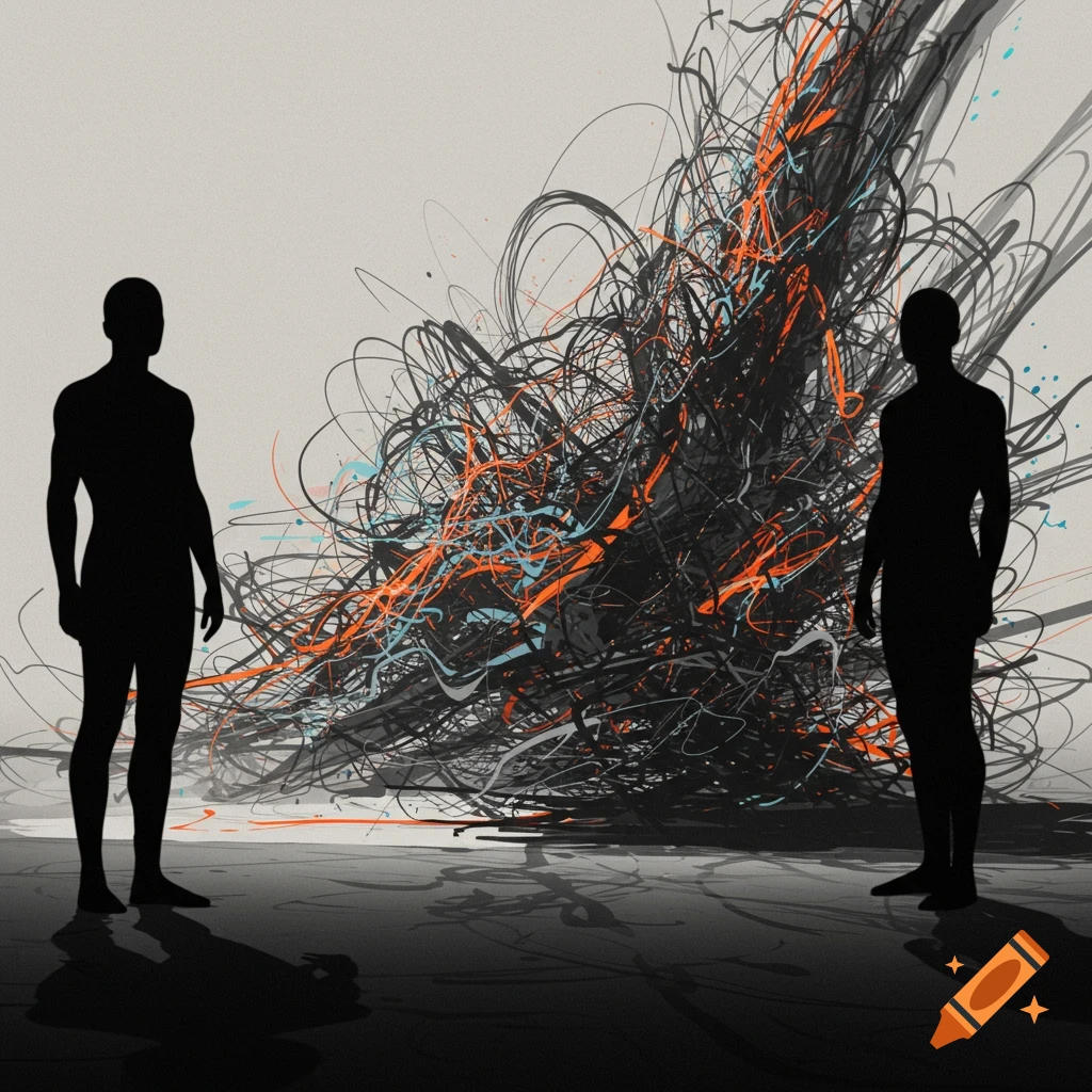 Abstract line drawing of two human silhouettes facing each other, with a swirling mass of orange, blue, and black scribbles between them.
