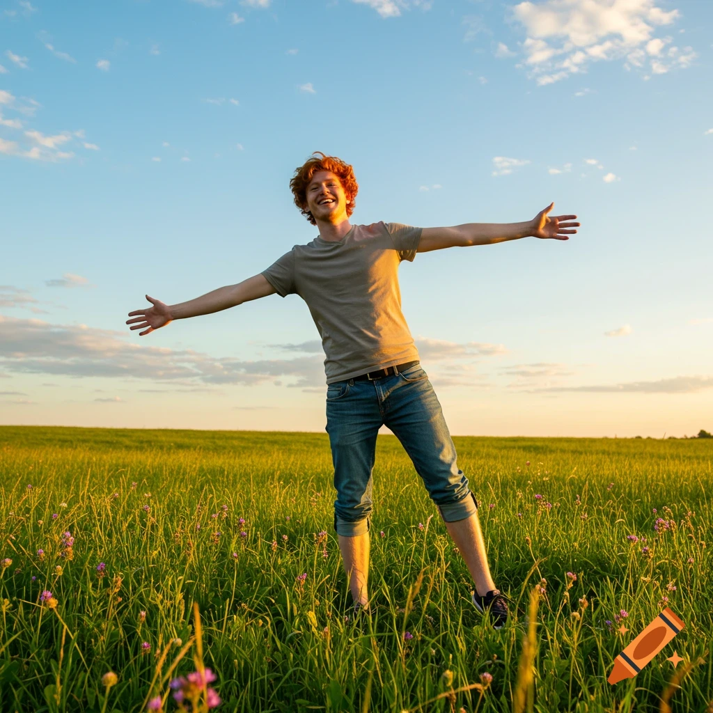 A happy ginger man with outstretched arms stands in a sunny green field.