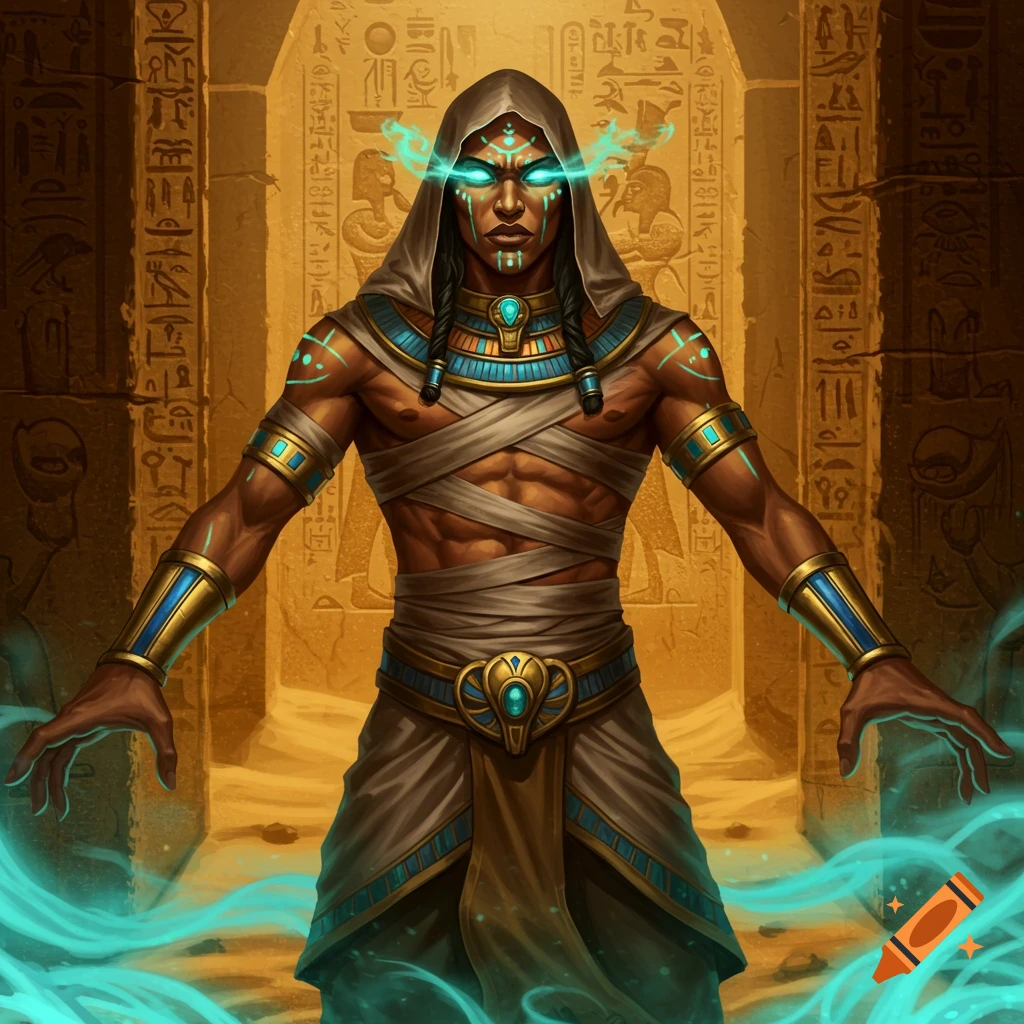 A dark-skinned male warlock with glowing blue eyes and energy, dressed in Egyptian-themed bandages and gold armor, stands in a hieroglyph-covered tomb.