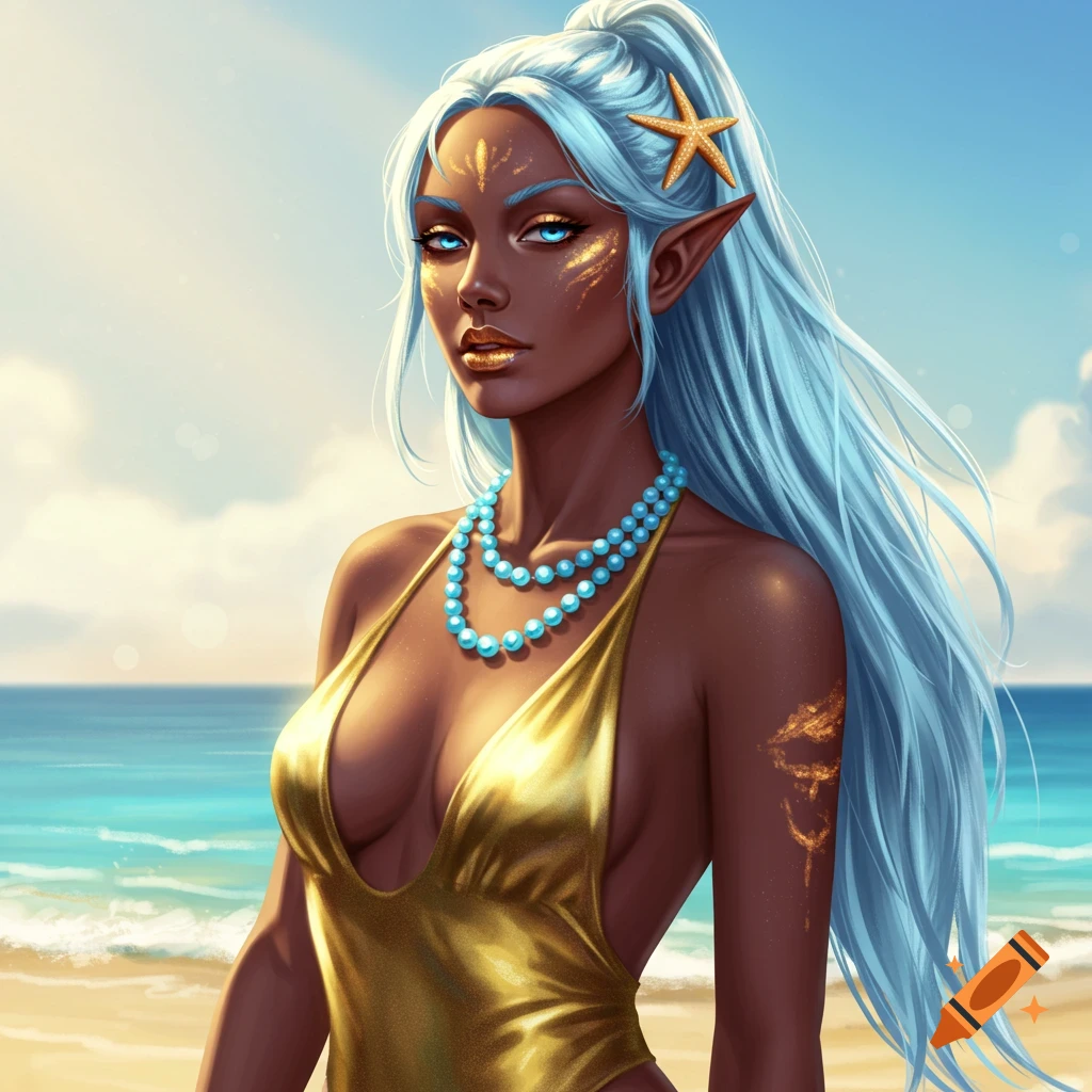 A dark-skinned elf woman with light blue hair, a gold swimsuit, and a blue pearl necklace stands on a sunny beach.