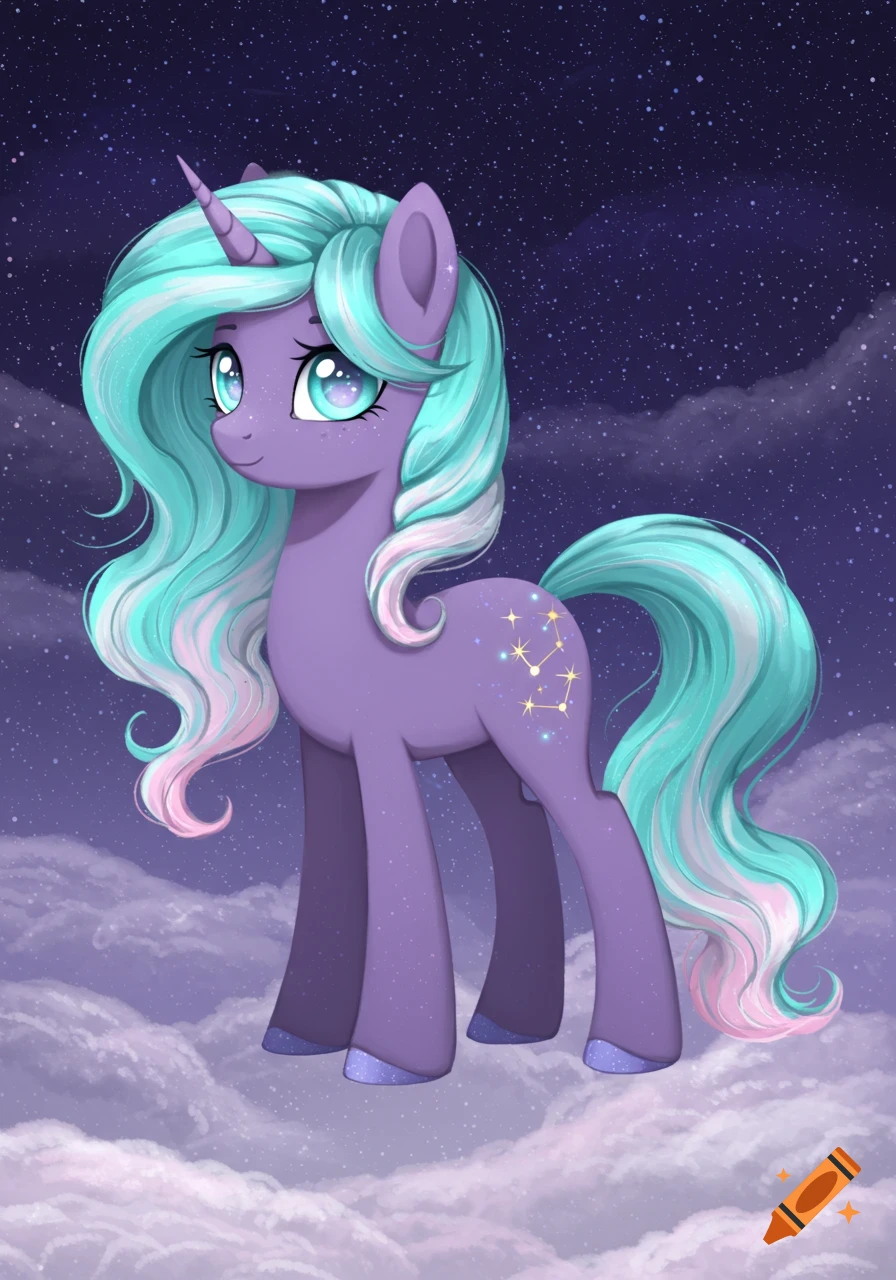 A purple unicorn pony with long flowing mint green and pink hair stands on clouds against a starry night sky. A constellation pattern is on its flank.