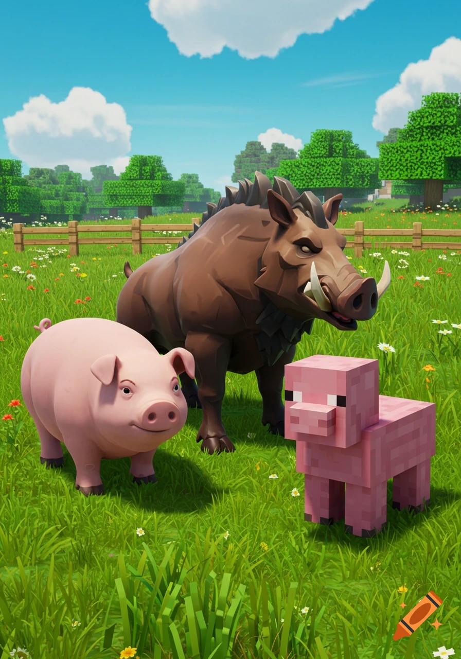 A pink pig, a brown boar, and a blocky pink pig stand in a green field with a fence and blocky trees under a blue sky.