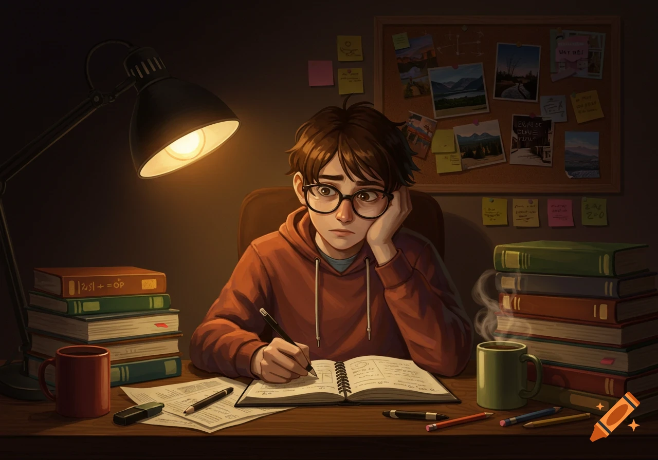 An illustration of a confused person with glasses studying at a desk under a warm lamp, surrounded by books and a corkboard.