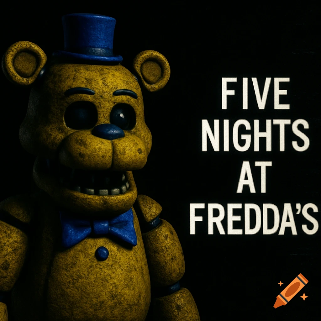 A yellow animatronic bear with a blue top hat and bow tie on a black background, next to text that reads 'FIVE NIGHTS AT FREDDA'S'.