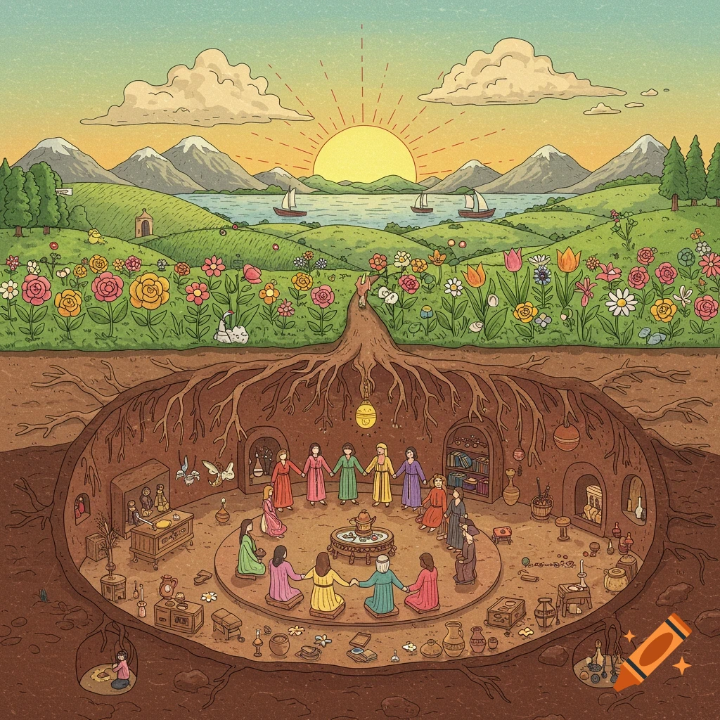 Whimsical folk art illustration of a cross-section showing an underground community gathered below a hill of wildflowers and a sunset.