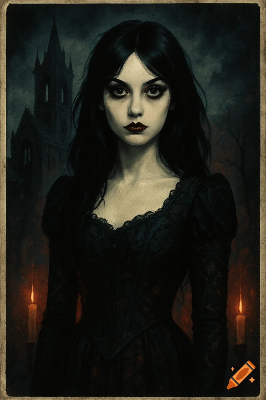 Gothic portrait of a pale woman with dark hair and red lipstick, in a black lace dress, standing before a dark castle with lit candles.