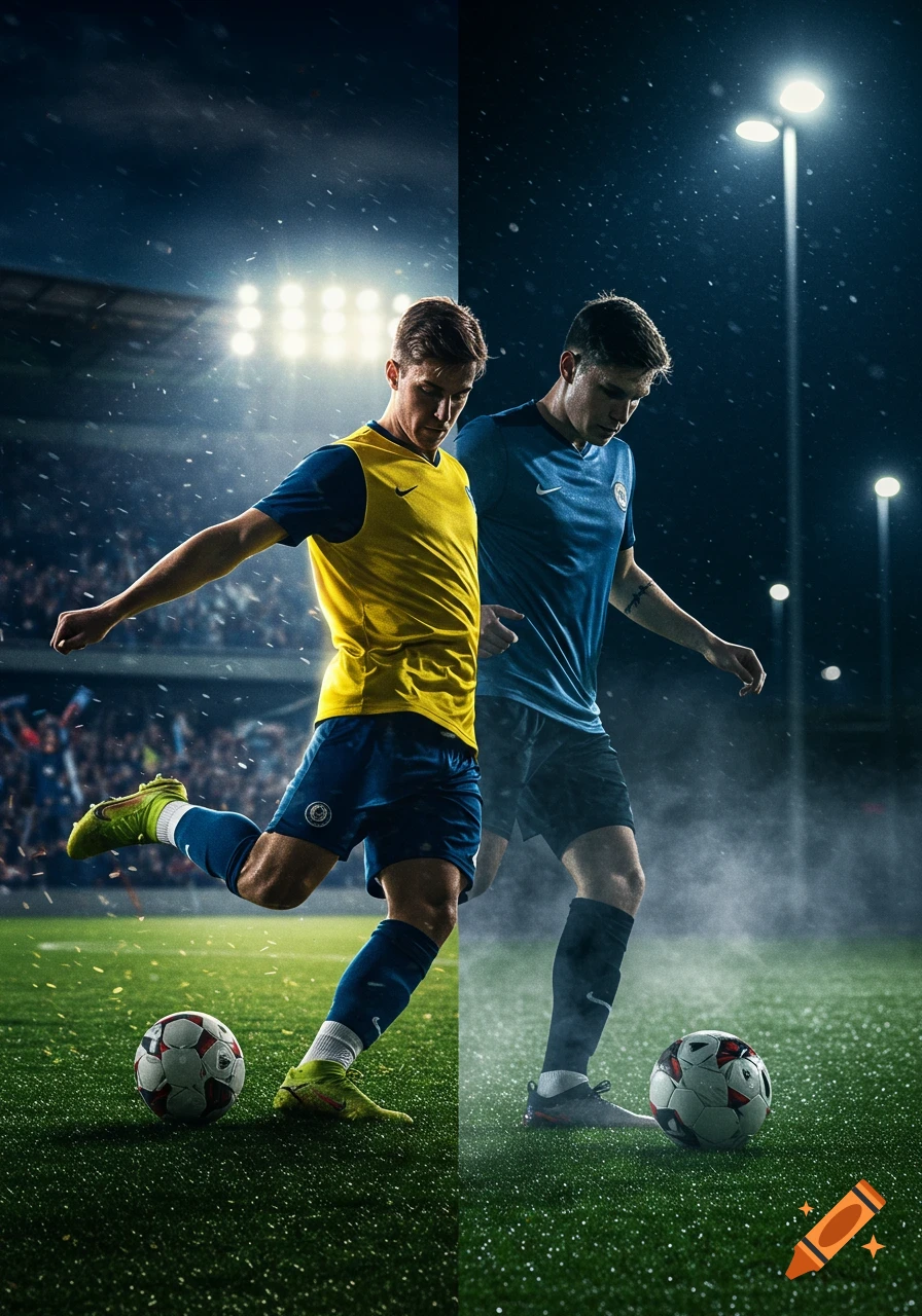 Photorealistic split image: a soccer player kicks a ball in a bright stadium, another trains on a wet field at night.