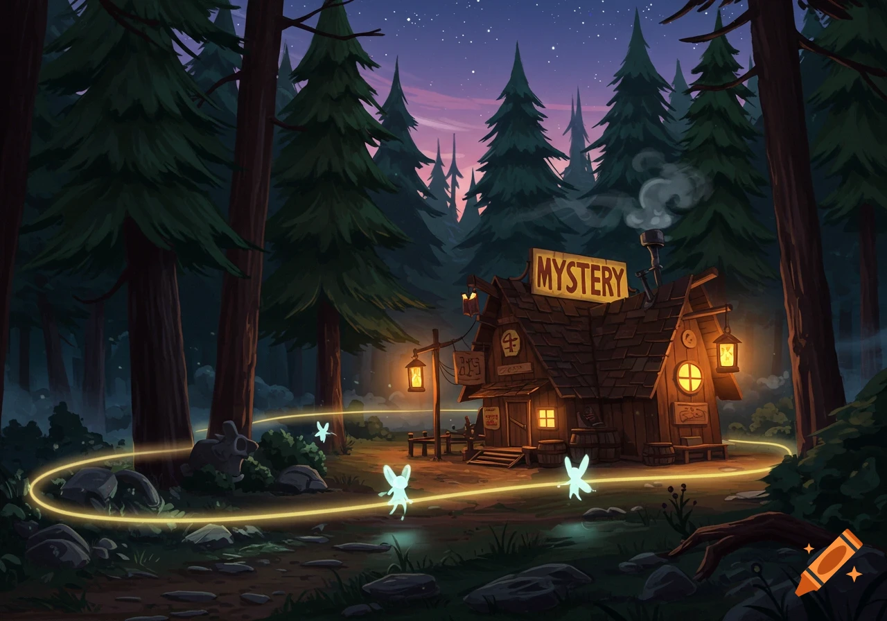 Cartoon style depiction of a rustic 'MYSTERY' shack in a dark forest at night, with glowing fairies and a magical trail.