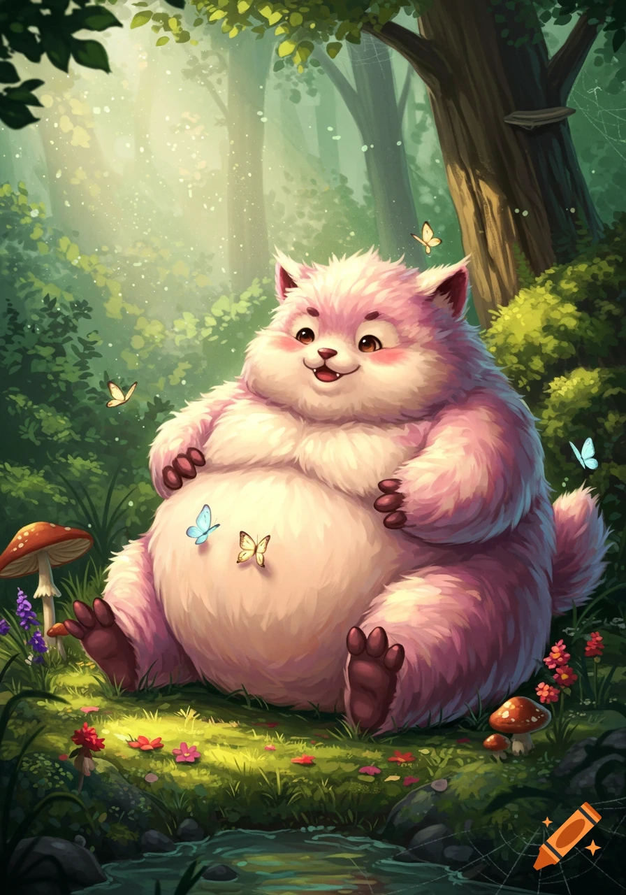 A fluffy, pink, round creature with a happy face sits in a magical forest with butterflies and mushrooms, in a whimsical illustration style.