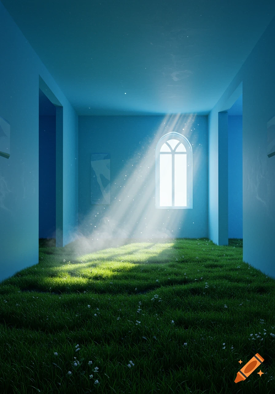 A surreal blue room with a lush grass floor, featuring an arched window radiating bright light rays and mist.