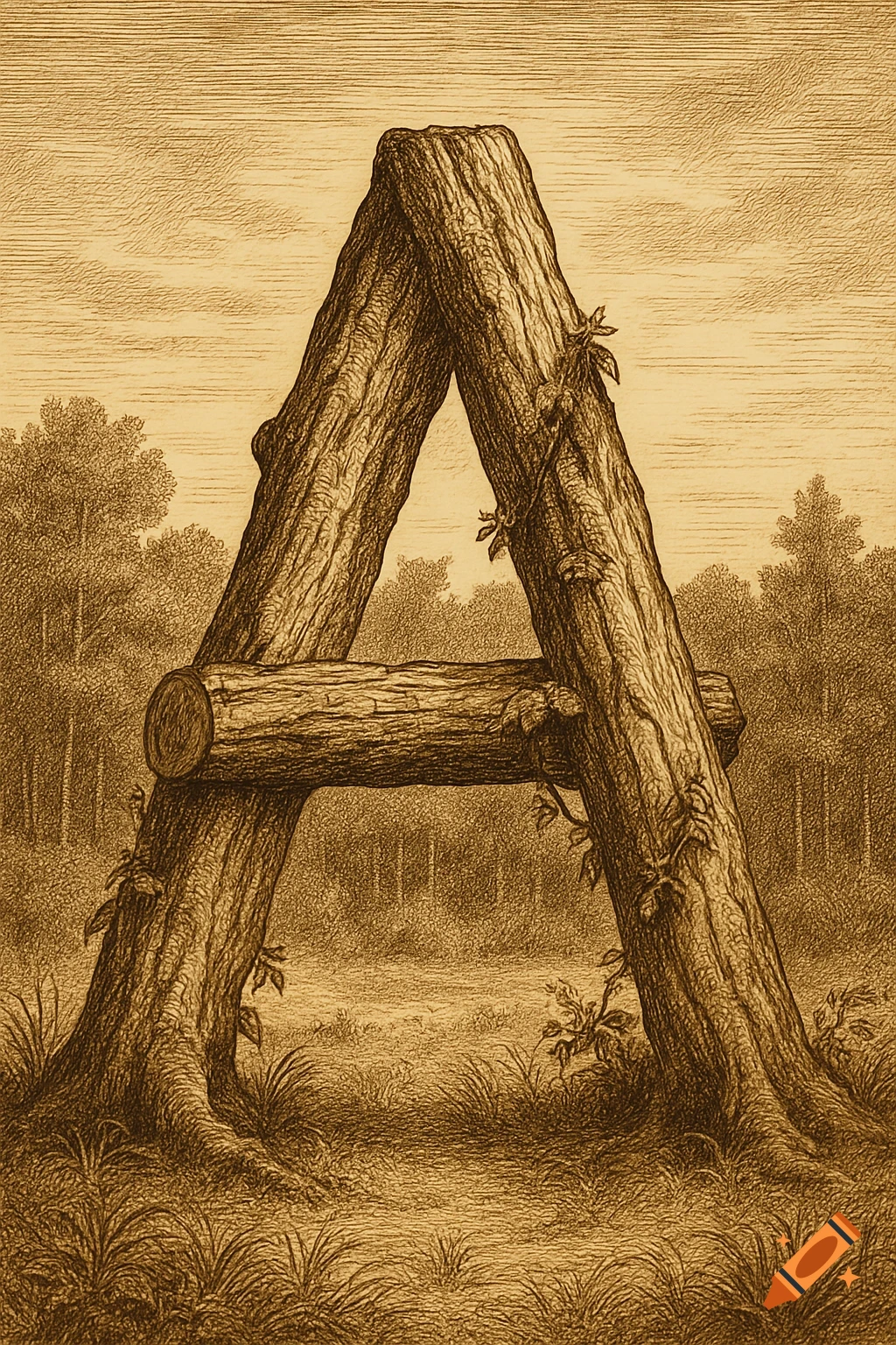 Sepia-toned engraving of the letter A formed from tree logs, with vines and roots, set in a dense forest.