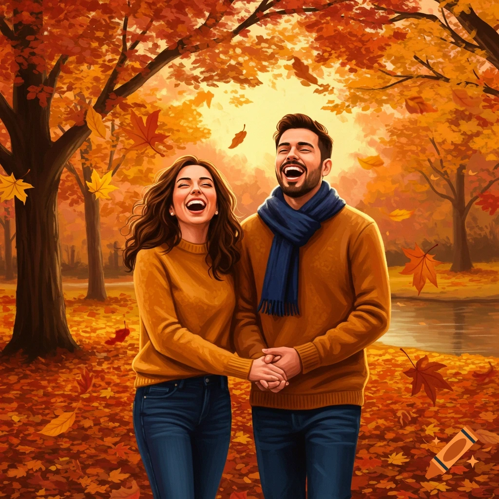 An illustrated happy couple laughs while walking hand-in-hand in a vibrant autumn park with golden leaves.
