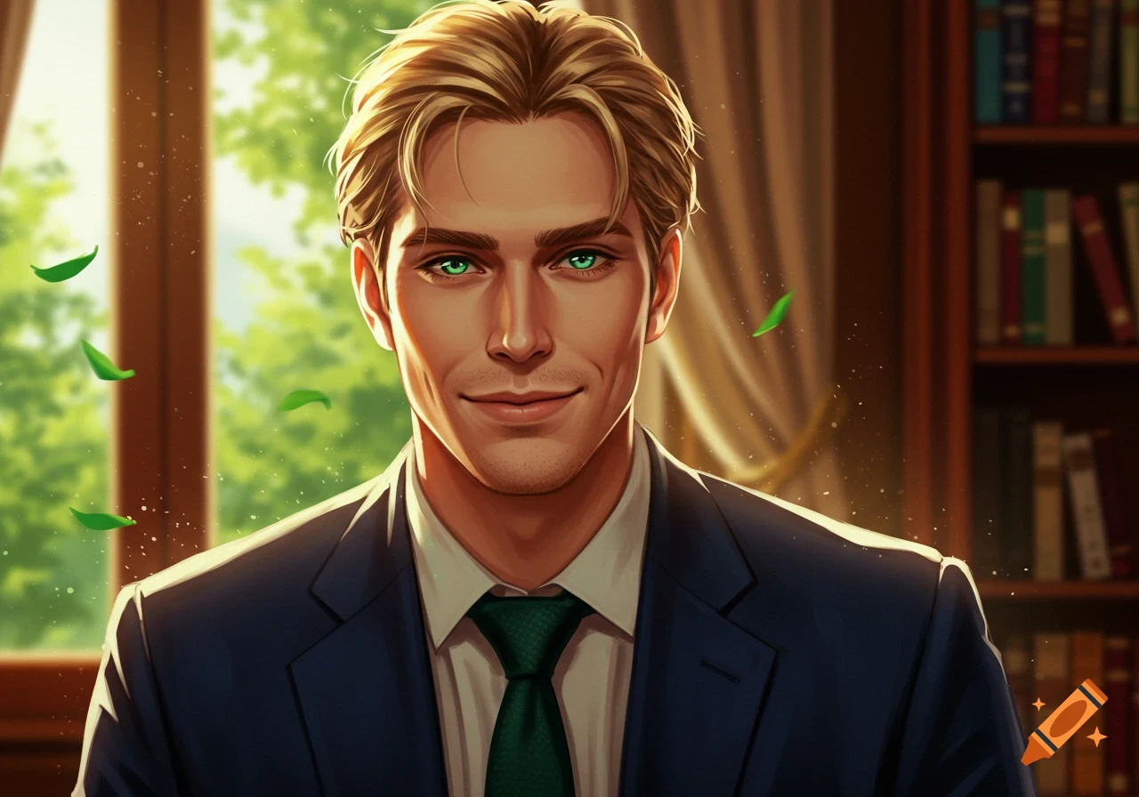 A handsome blond man with striking green eyes, wearing a dark suit and green tie, smiles in an illustrated portrait with a bright window and bookshelf in the background.