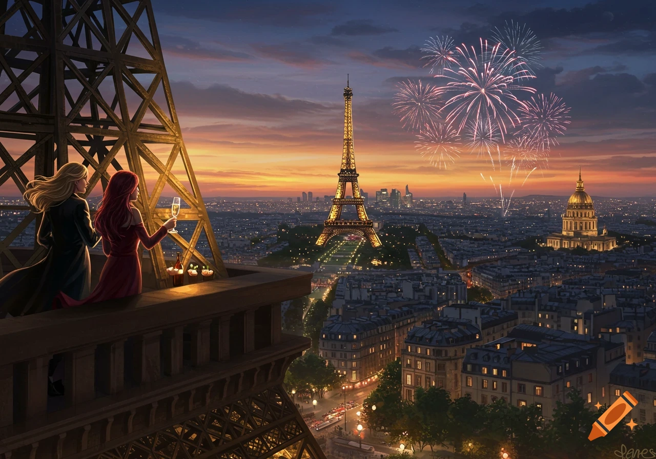 Two women toast champagne from the Eiffel Tower, overlooking the illuminated Paris cityscape with fireworks at dusk.
