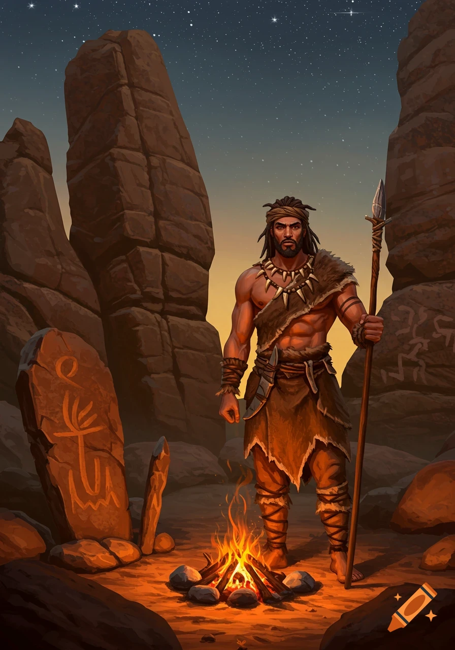 Muscular man in furs holding a spear by a campfire, surrounded by large rocks under a starry sky in a Stone Age setting. Illustration style.
