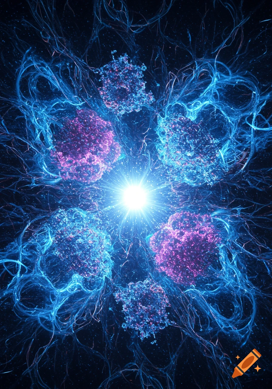 Abstract microscopic view of glowing blue tendrils and clustered purple and blue particles surrounding a bright central light.