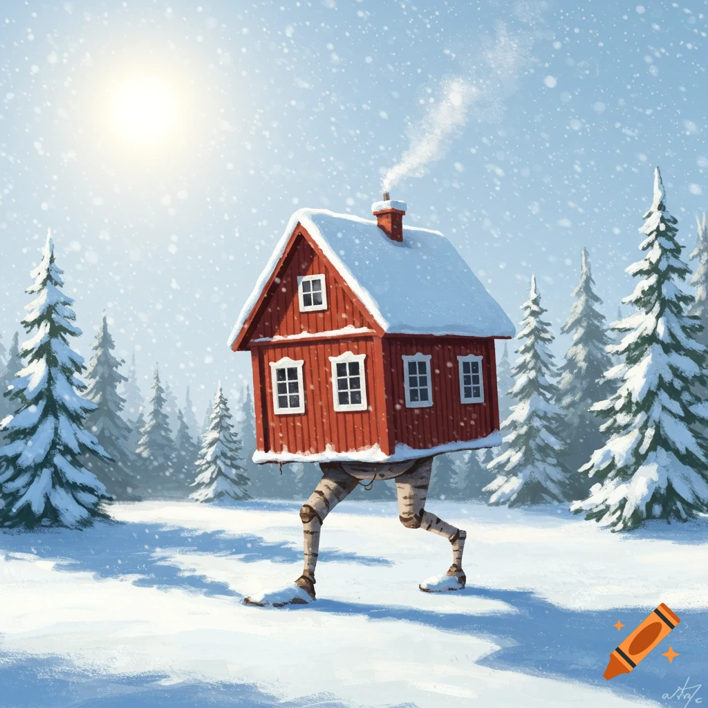 A red, traditional Swedish house with slender, tree-like legs walks through a snowy winter forest under a bright sun.