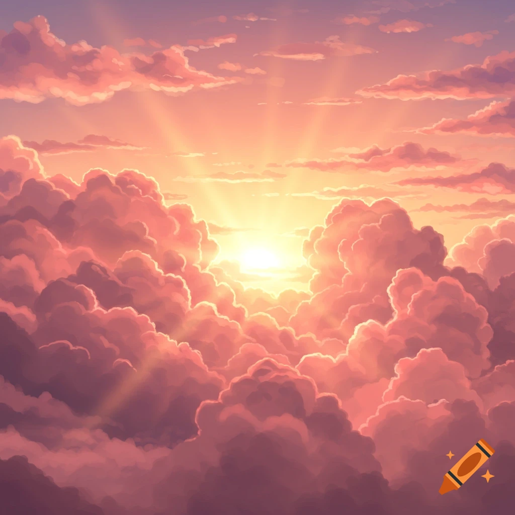 Stylized image of a vibrant pink and orange sunset sky with numerous fluffy clouds and golden rays of sunlight breaking through.