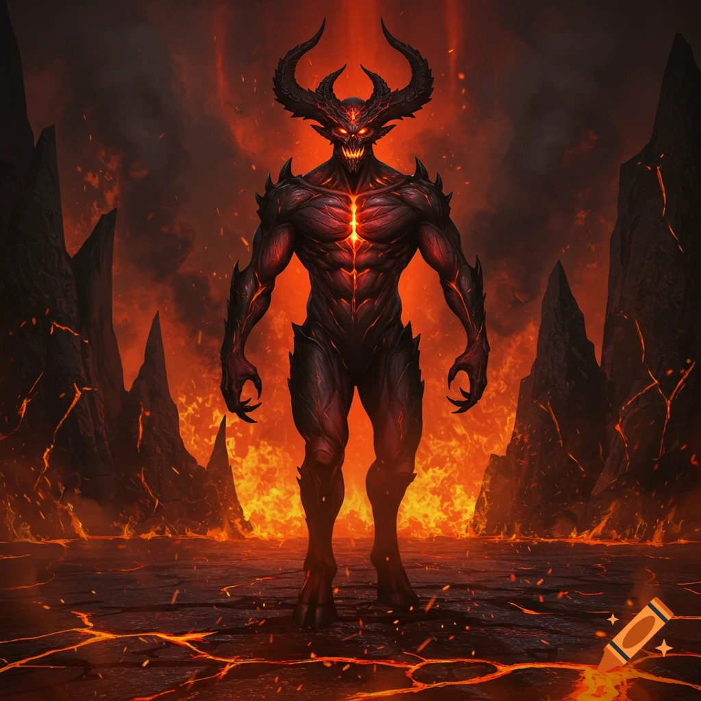 A menacing demon with glowing red eyes and chest stands in a fiery, volcanic landscape.