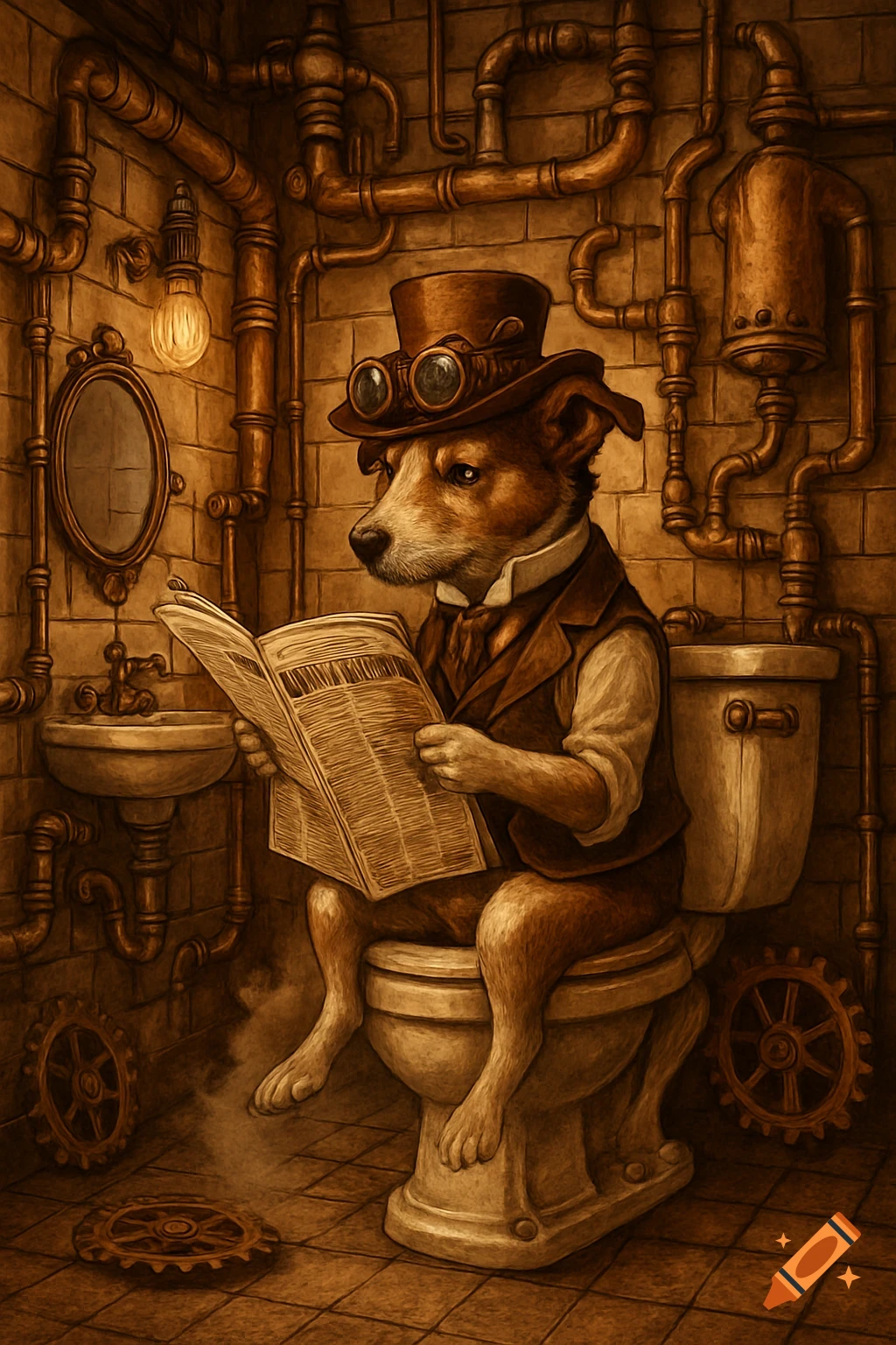 A steampunk anthropomorphic dog with goggles and a hat sits on a toilet, reading a newspaper in a rustic, pipe-filled bathroom.