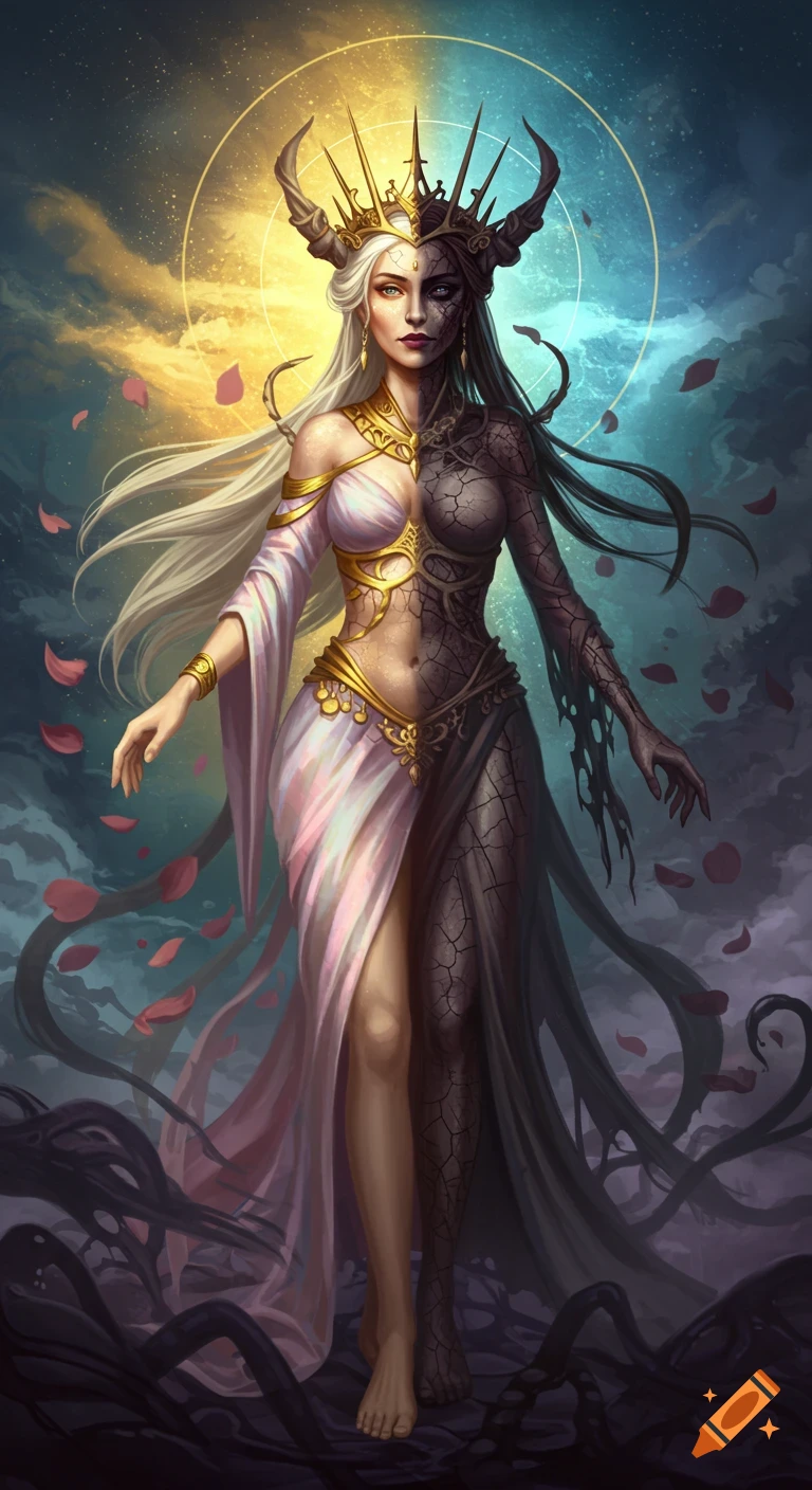 Digital painting of a dual-natured goddess, one half radiant and beautiful in white and gold, the other dark and cracked.